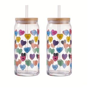 Mainstays Colorful Heart Glass Tumblers with Bamboo Lids Set of (2)